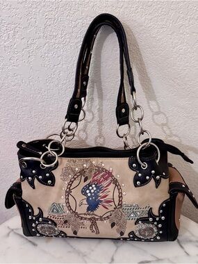 Cowgirl Trendy Beige&Black Embellished,Rhinestone,Native American,Eagle  Bag